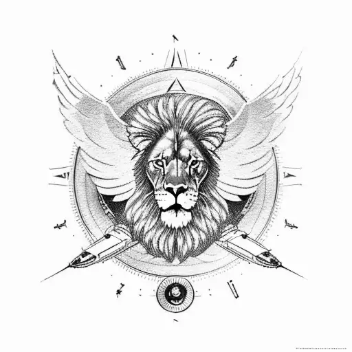  lion With wings Surrounded by planes, mountains and compass tattoo design idea