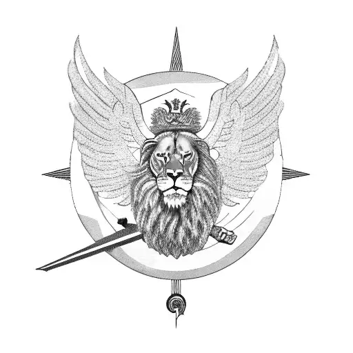  lion With wings Surrounded by plane, palm tree and compass tattoo design idea