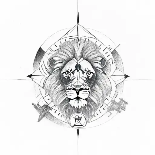 lion head Surrounded by planes, mountains and compass tattoo design idea