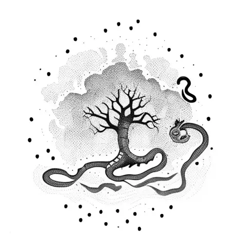 A dotwork tattoo of a reggae-inspired tree with a snake wrapped around it tattoo design idea