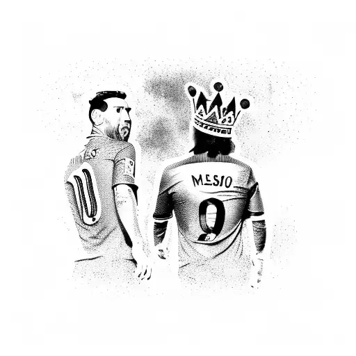 Lionel Messi and Cristiano Ronaldo facing with backs to us, with their jersey numbers and crowns on their heads tattoo design idea
