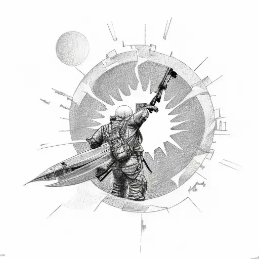 A sketch-style tattoo of a marine veteran saluting with a backdrop of crashing waves and a rising sun tattoo design idea