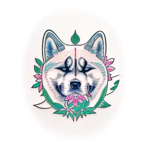A minimalist tattoo of an Akita Inu surrounded by blooming flowers as a symbol of nature's beauty tattoo design idea