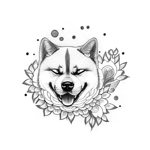 A minimalist tattoo of an Akita Inu surrounded by blooming flowers as a symbol of nature's beauty tattoo design idea