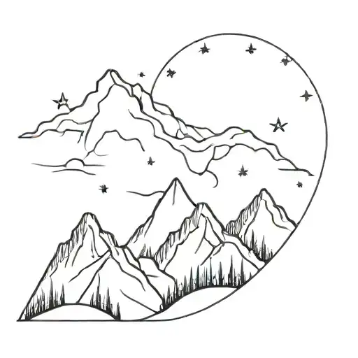 A minimalist tattoo of a mountain range under a sky filled with Gemini constellation stars tattoo design idea