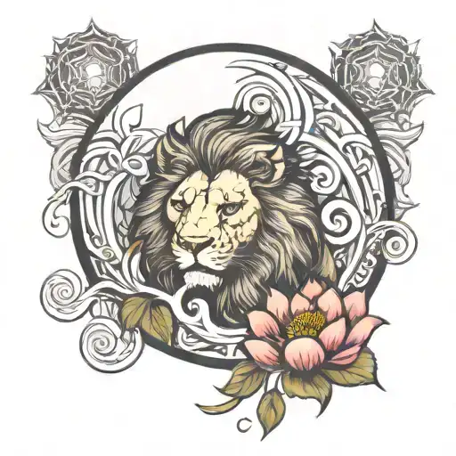 lion of Judah and lotus flower inside a yin yang symbol tattoo design idea