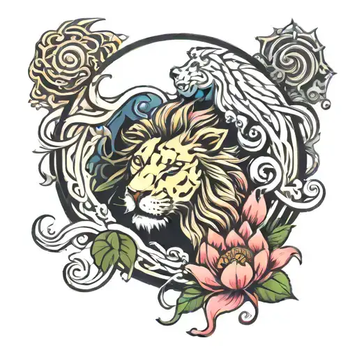 lion of Judah and lotus flower inside a yin yang symbol tattoo design idea