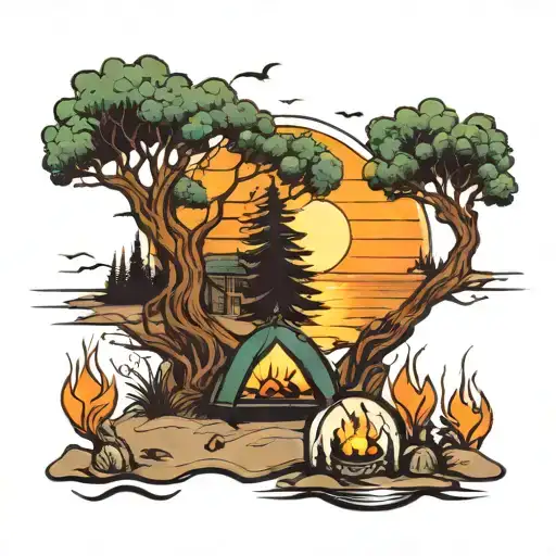 beach, sea, tree, sunset, camping, camp fire coming tattoo design idea