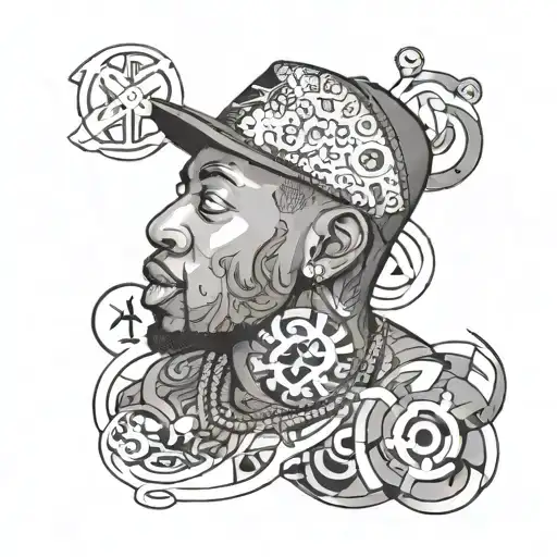 A portrait of a famous rapper with pharmaceutical symbols incorporated in the background tattoo design idea