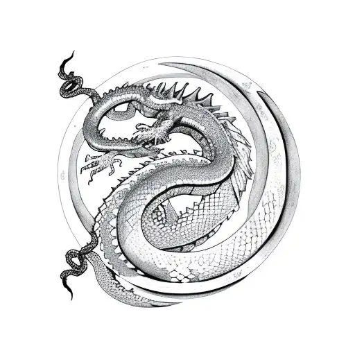 dragon and snake intertwined around the moon tattoo design idea