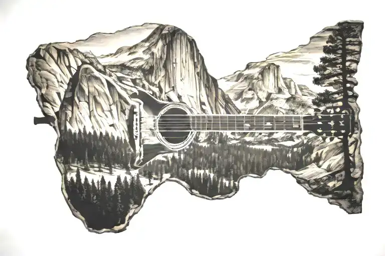 guitar silhouette with Yosemite half dome inside tattoo design idea