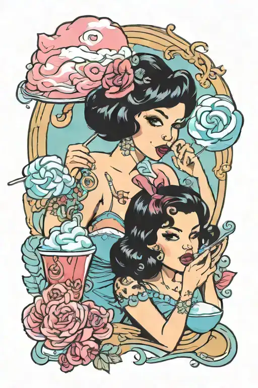 retro black haired pinup woman eating blue cotton candy tattoo design idea