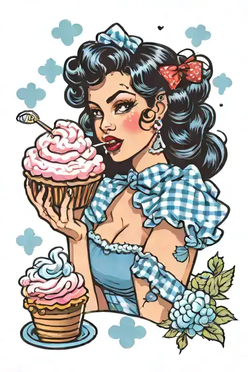 retro black haired pinup woman in gingham dress eating blue cotton candy tattoo design idea