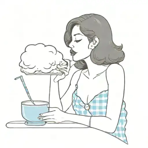 retro black haired woman in gingham dress eating blue cotton candy tattoo design idea