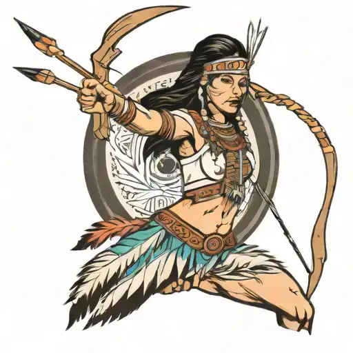 woman in Native American costume pointing bow and arrow tattoo design idea
