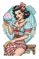 retro black haired pinup woman in gingham dress eating blue cotton candy tattoo design idea