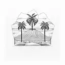 A minimalist design of four intertwined palm trees, each tree representing one of your friends, with the silhouette of Avila mountain in the background. tattoo design idea