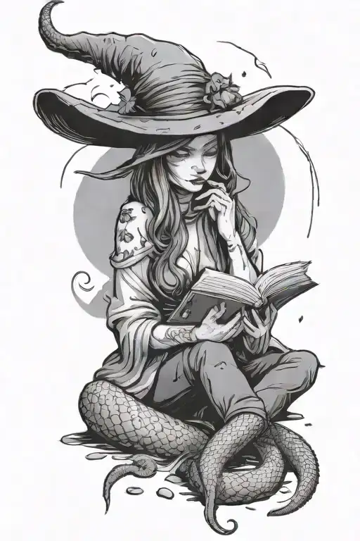A witch reading a book in the rain with a snake wrapped around her tattoo design idea