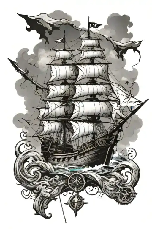 pirate ship, with anchor and compass. the background should be a map  tattoo design idea