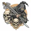 Black ninja with a sword next to a skull and a dragon tattoo design idea