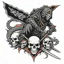 Black ninja with a sword next to a skull and a dragon tattoo design idea