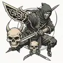 Black ninja with a sword next to a skull and a dragon tattoo design idea