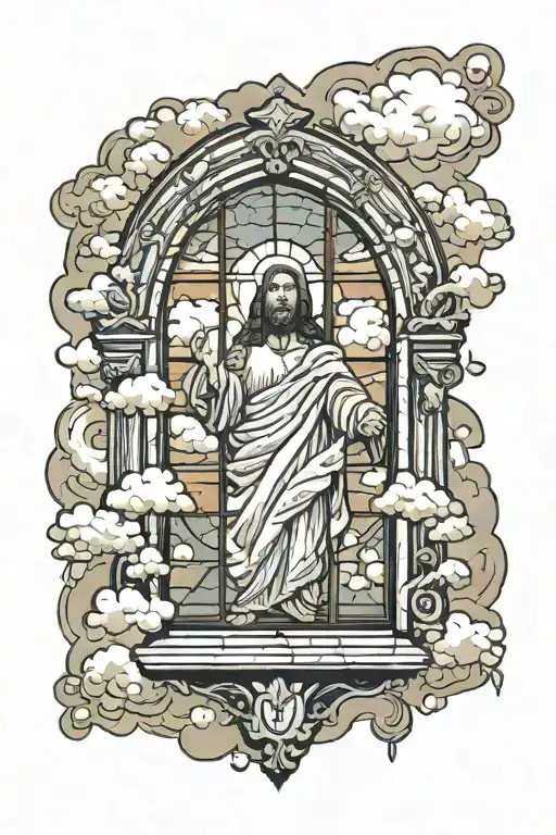 church window with clouds surrounding Jesus stripped tattoo design idea