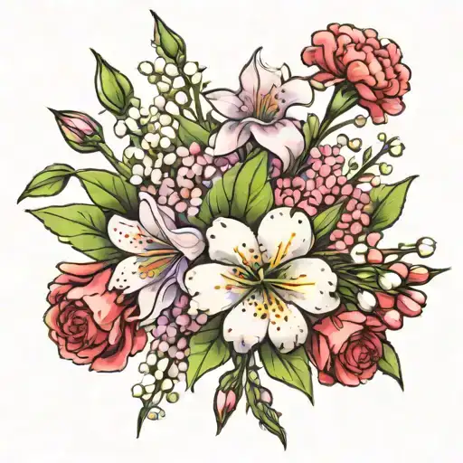 carnation, snowdrop, violet, primrose, lily of the valley, hawthorn bouquet tattoo design idea