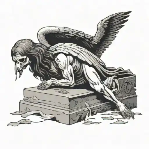a fallen angel prostrate in a old tombstone, next to a dark crow tattoo design idea