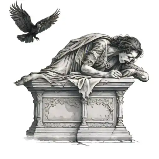 a black and gray beautiful female fallen angel prostrate in a old tombstone, next to a dark crow tattoo design idea