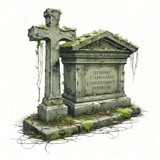 a cemitery, with old and worn tombstones, some cracked and covered in moss, with inscriptions in an ancient language and tattoo design idea