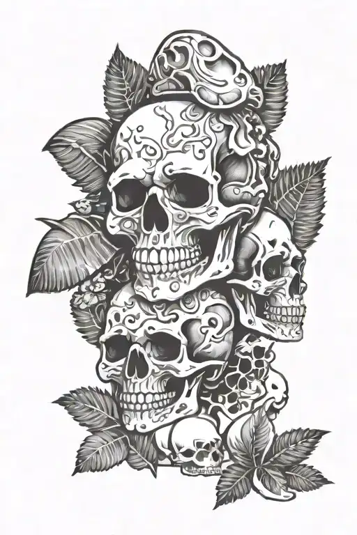 Skulls with ferns and mushrooms growing tattoo design idea