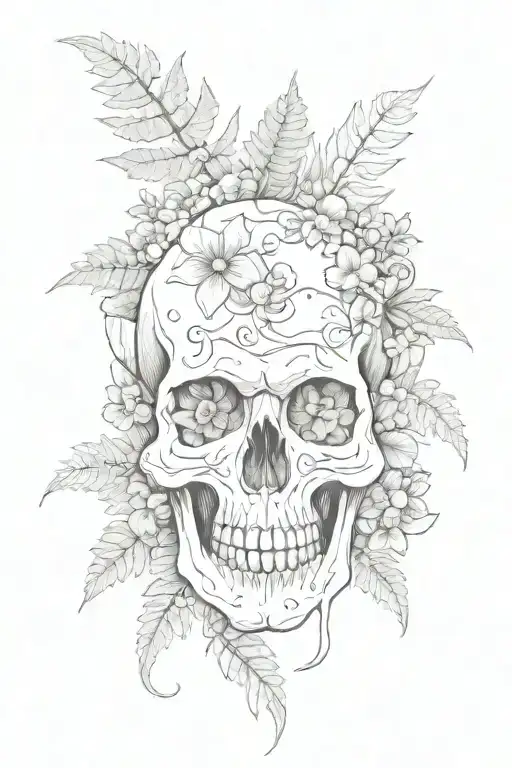 Skull with ferns mushrooms flowers tattoo design idea