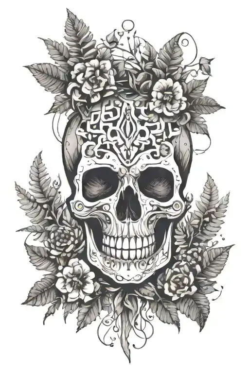 Skull with ferns mushrooms flowers tattoo design idea