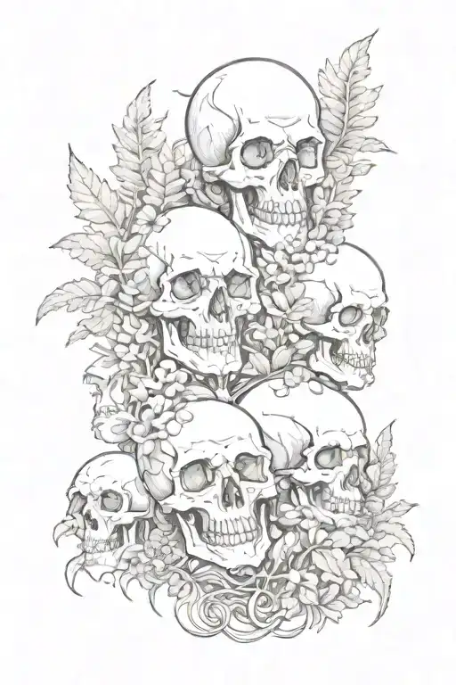 Skulls with ferns mushrooms tattoo design idea