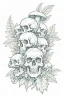 Skulls with ferns mushrooms tattoo design idea