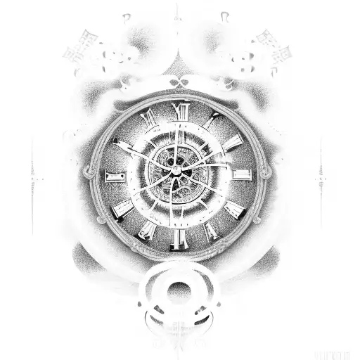 A clock with Roman numerals made of musical notes and gears tattoo design idea