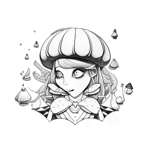 Alice in wonderland on top a mushroom smocking a hooka  tattoo design idea