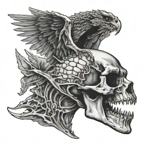 winged man on a dinosaur skull tattoo design idea