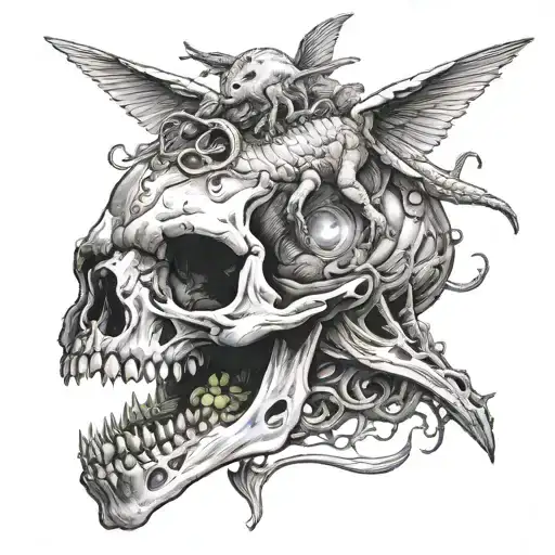 angel on a dinosaur skull stealing a brain tattoo design idea