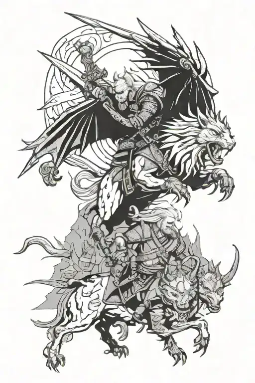 Witcher3 gerald fighting with gryphon kaer morhen casl and scene mixed with rick and morty styaying at planet, - siluets tattoo design idea