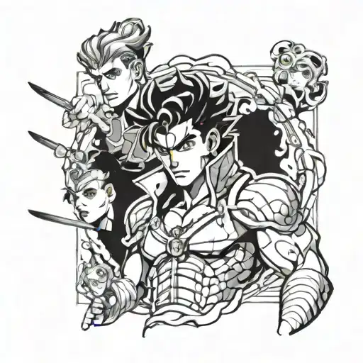 Create a tattoo design featuring iconic characters from Jojo's Bizarre Adventure in a dramatic battle scene tattoo design idea