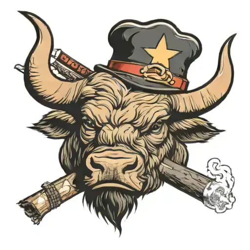Angry looking buffalo wearing a beret cap with a star on it, smoking a cigar tattoo design idea