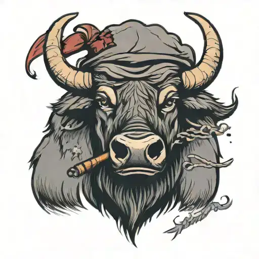 Angry looking buffalo wearing a beret cap with a star on it, smoking a cigar. tattoo design idea