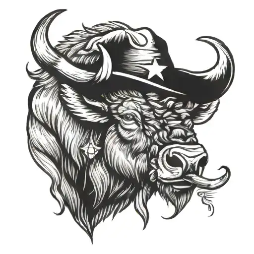 Angry looking buffalo wearing a beret cap with a star on it, smoking a cigar tattoo design idea