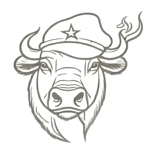 Angry looking buffalo wearing a beret cap with a star on it, smoking a cigar tattoo design idea