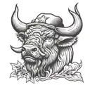 Angry looking buffalo wearing a beret cap with a star on it, smoking a cigar tattoo design idea