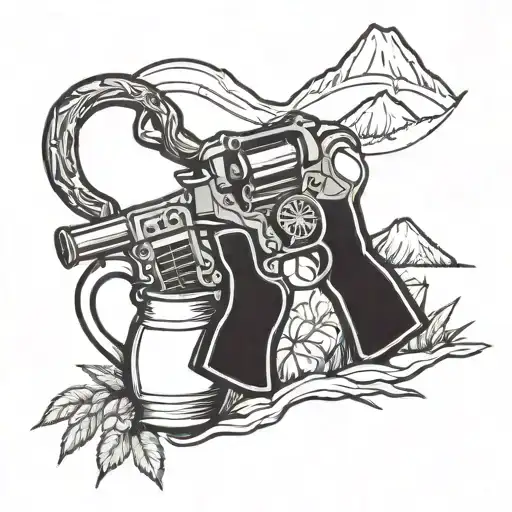 Moonshine jug and revolver intertwined with mountain peaks tattoo design idea