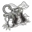 Moonshine jug and revolver intertwined with mountain peaks tattoo design idea