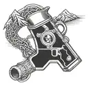 Moonshine jug and revolver intertwined with mountain peaks tattoo design idea